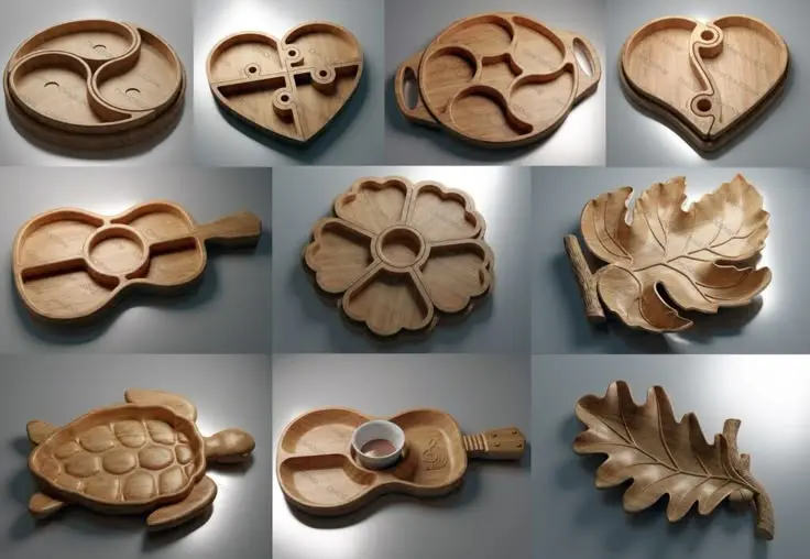 Bandejas y piezas decorativas de madera talladas con CNC en distintas formas