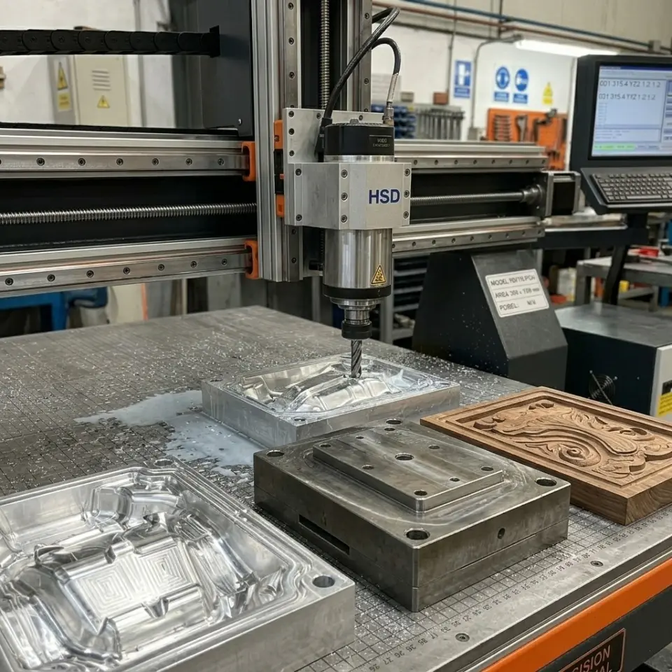 CNC Router mecanizando moldes de aluminio, con piezas en acero y madera tallada sobre la cama