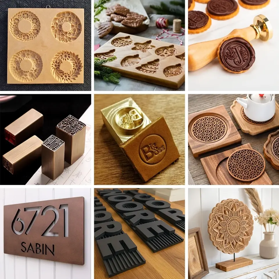 Collage de piezas hechas con CNC: moldes en madera, sellos metálicos, números para fachada, letras corpóreas y piezas decorativas