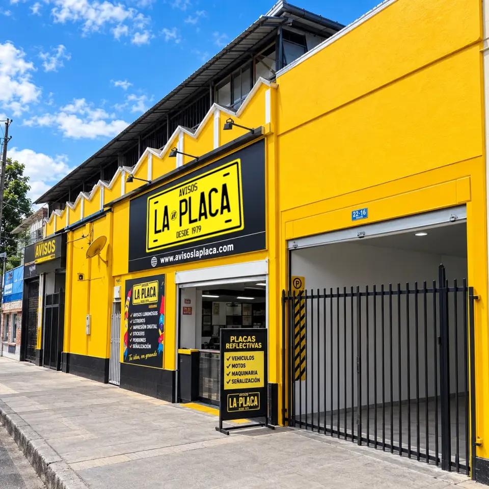 Fachada amarilla de Avisos La Placa en Bucaramanga, con el aviso del logo y la entrada al local