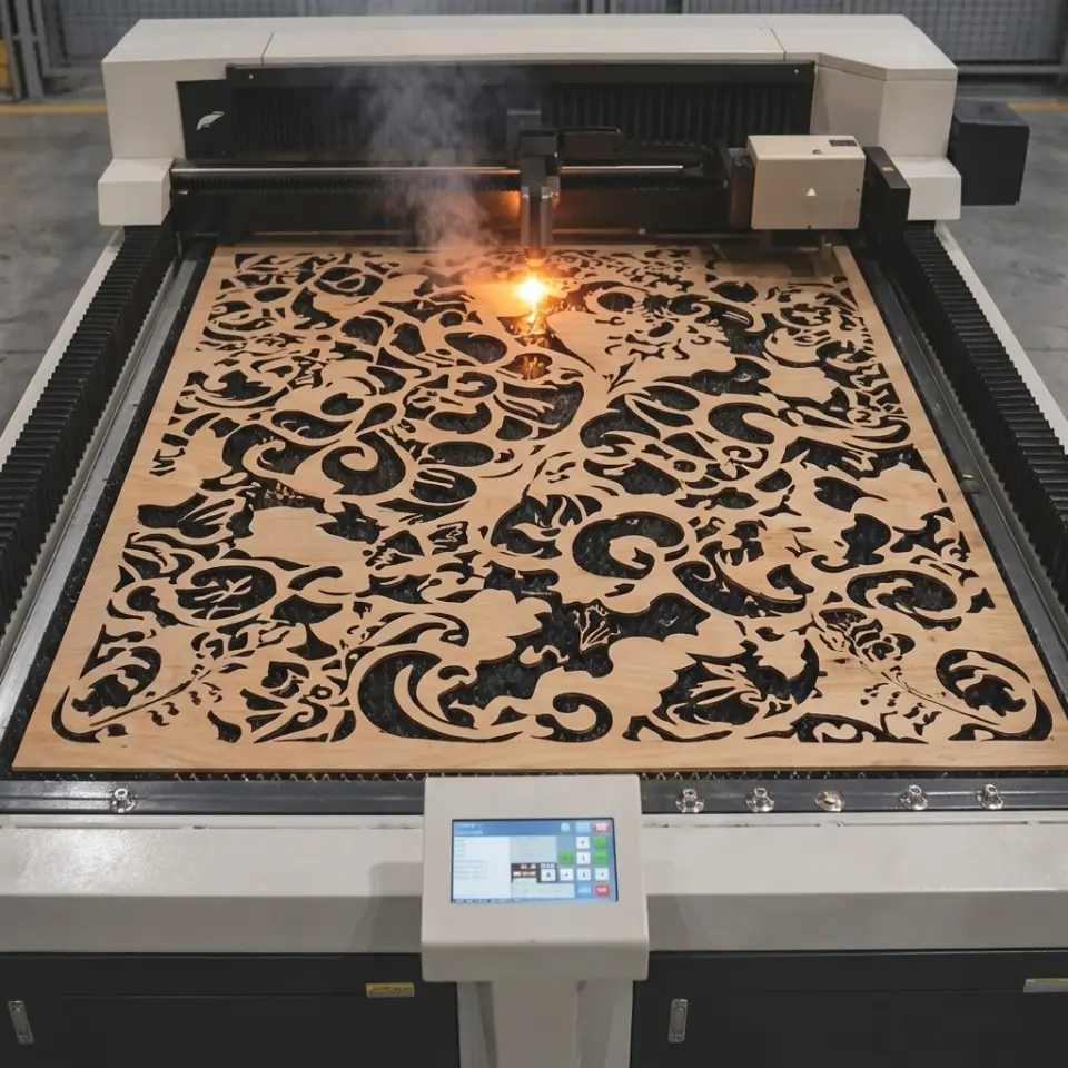 Máquina láser CO2 de cama plana cortando un panel de madera con diseño ornamental