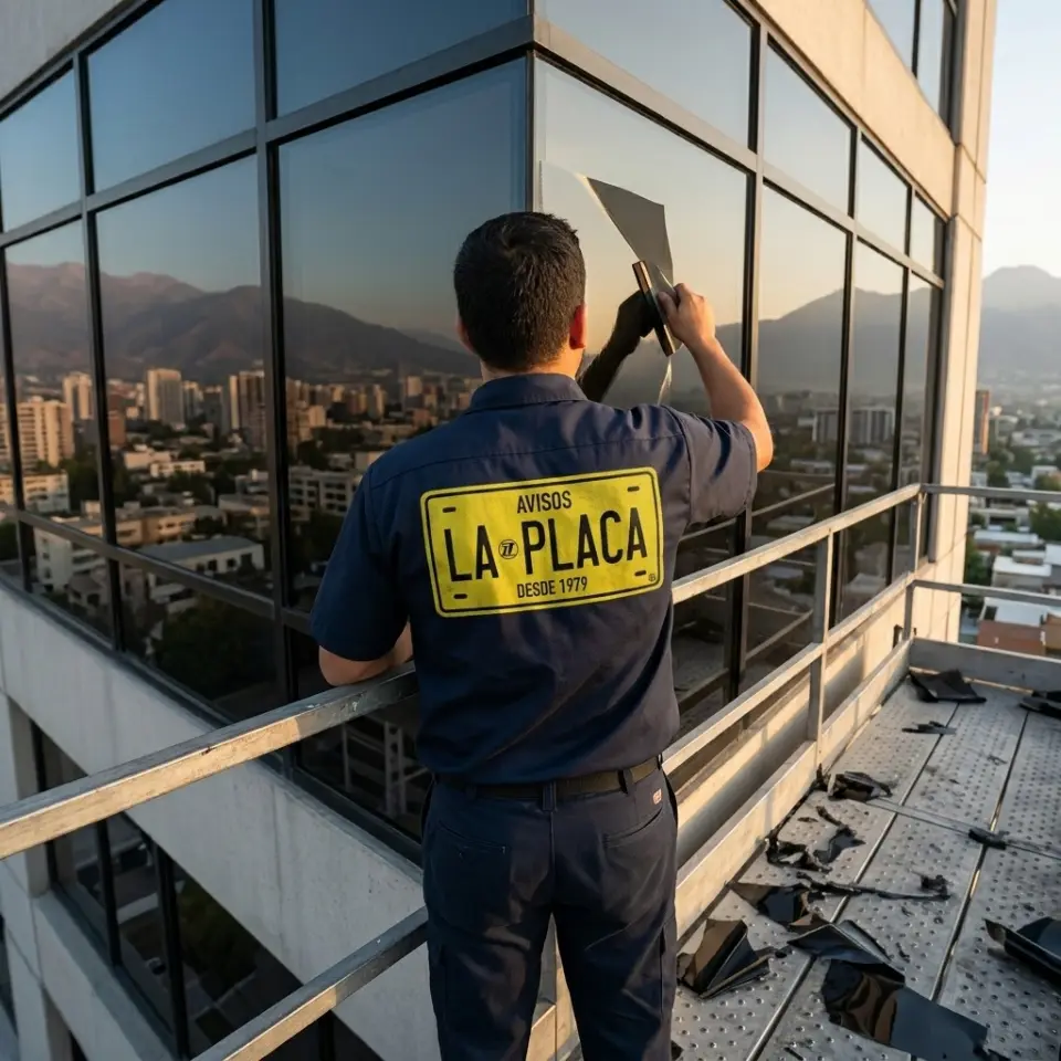 Técnico de Avisos La Placa instalando polarizado en los ventanales de un edificio