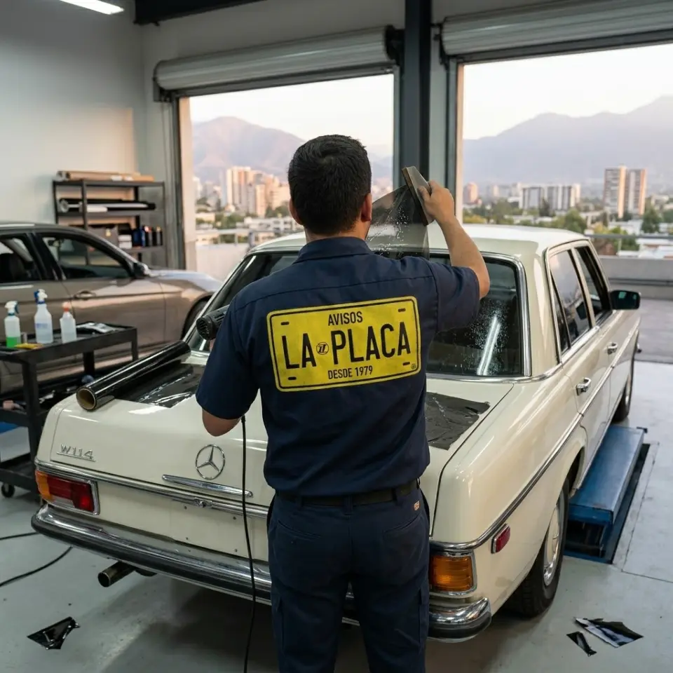 Técnico de Avisos La Placa instalando polarizado en un vehículo