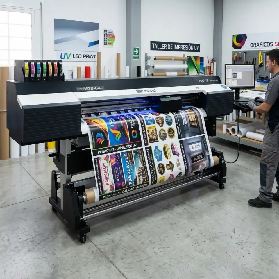Rollo con pendones y etiquetas impresos en la Roland MG2-640