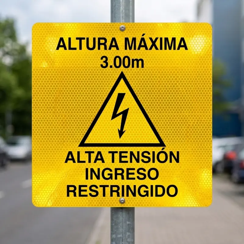 Señal reflectiva amarilla de altura máxima 3.00 m y alta tensión, ingreso restringido