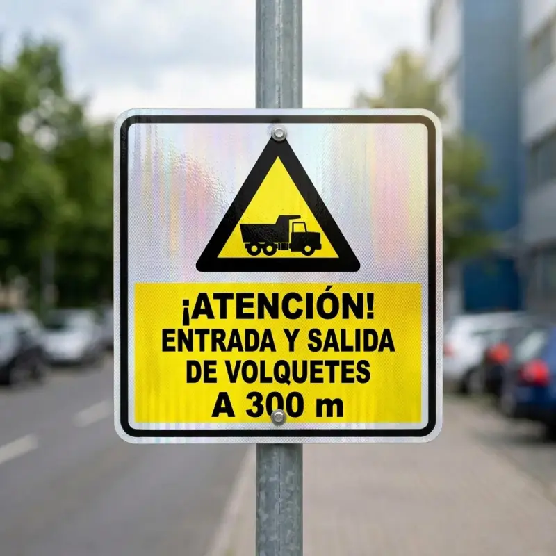 Señal preventiva de entrada y salida de volquetas a 300 m