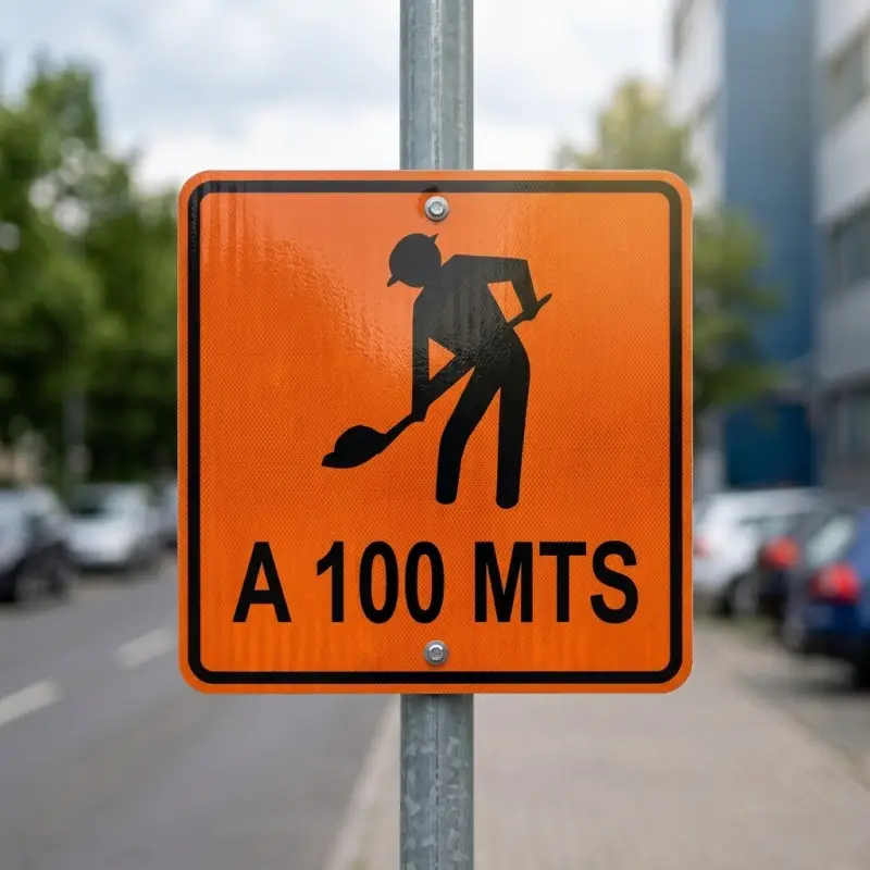 Señal naranja de trabajadores en la vía a 100 metros
