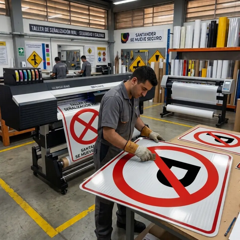 Operario aplicando lámina reflectiva a una señal de prohibido parquear en el taller de señalización vial